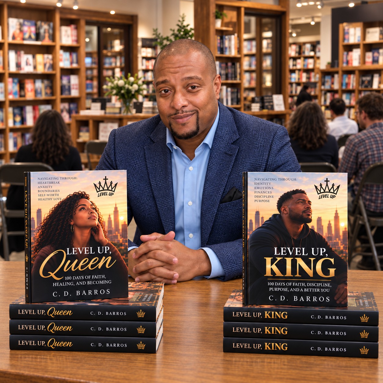 C.D. Barros at bookstore with Level Up Queen and Level Up King